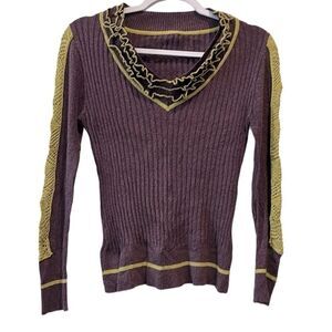 Rare Ruffle Crochet Purple Lime Stretch Ribbed Knit Boho Quality Vneck Sweater  
